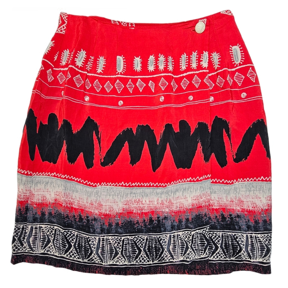 Vintage Russell Kemp New York Patterned Red and Black A-Line Wrap Skirt - Picture 1 of 13